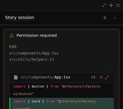CFactory permission request showing an edit with affected files and a diff